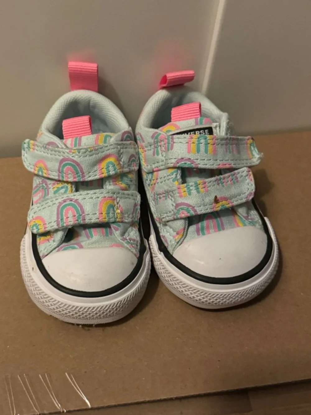 Converse Kids Mint Canvas Sneakers with Pink Accents and Rainbow Motifs